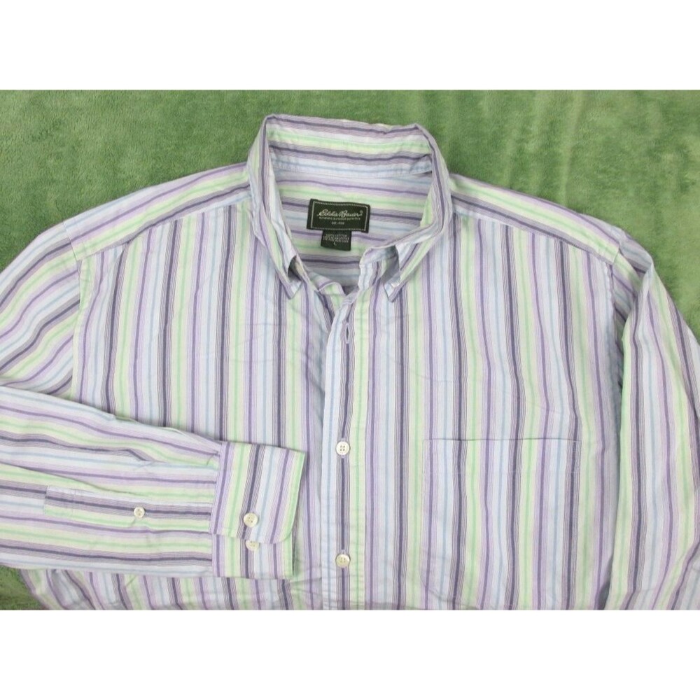 Eddie Bauer Mens Shirt Size L Purple Blue & Green Stripe L/S Large Chest Pocket